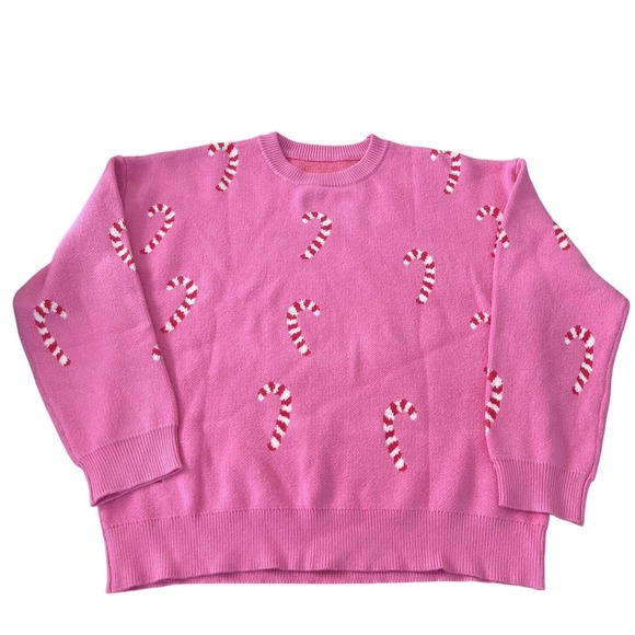 The Unbranded Brand Sweaters - Pink Candy Cane Christmas Sweater Womens XL Crew Neck Holiday Knit Pullover